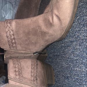 Light brown ankle booties with memory foam soles. Super comfy, wore a few times